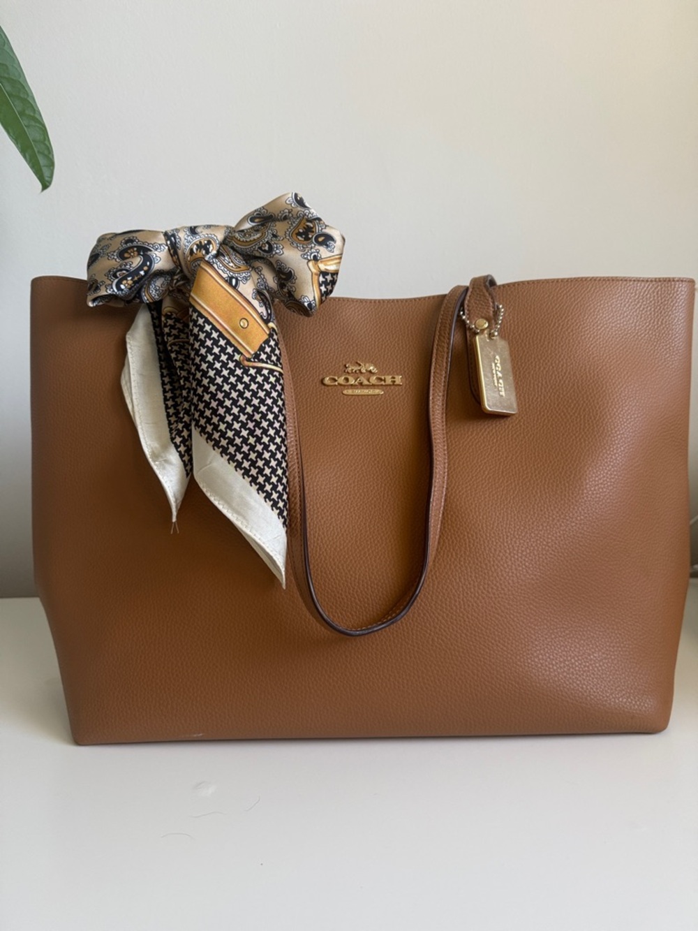 Coach Tan Leather Town Tote with Paisley Scarf Accent